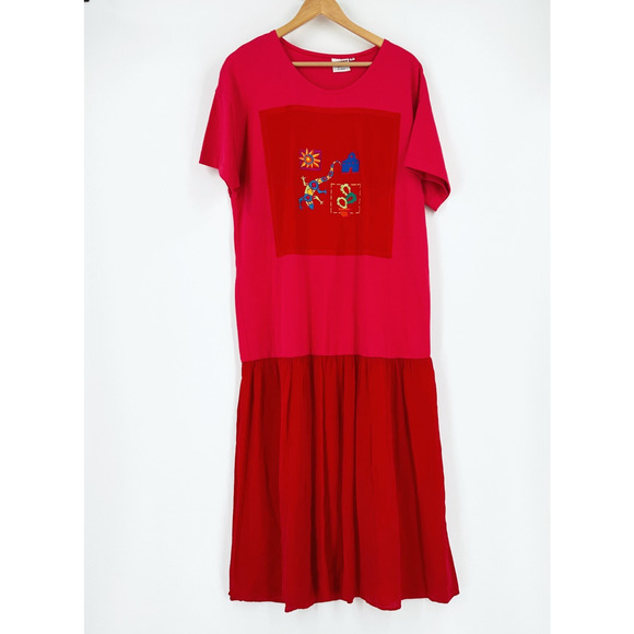 VTG 80s Johnny Was Maxi T-Shirt Dress Large Embroidered Southwest Kaftan Hippie - Picture 1 of 7